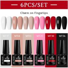 Mtssii Juego de 6 esmaltes de uñas en gel de unicolor de 7 ml, colores primavera-verano, glitter, negro, blanco, rojo, resistente a remojo, UV, semi-permanente, suministros para uñas