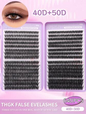 640 件簇状睫毛套装 - 40D+50D 卷曲度 8-16 毫米混合长度，自然蓬松卷翘 DIY 可重复使用仿貂皮睫毛延长，轻盈如羽毛且低致敏性（适合初学者）适用于新娘/派对/日常佩戴睫毛簇、睫毛簇、单根睫毛、睫毛、假睫毛