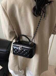 1pc Fashionable PU Quilted Embroidered Box Bag, Versatile Zipper Closure Small Square Handbag With Chain Strap For Women - Black - View 4