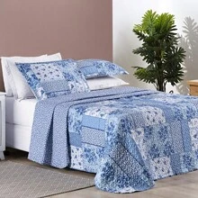 Double-Sided Bouti Bedspread With Pillowcase In Various Prints - Blue - View 1