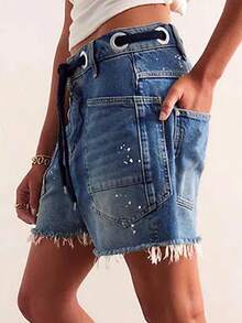 Fashion High Street Youth Vitality Rebellious Loose Straight Version Drape Slim Hot Girl Old Retro High Waist Detachable Waist Strap Design Blue Washed Denim Shorts - Blue - View 5