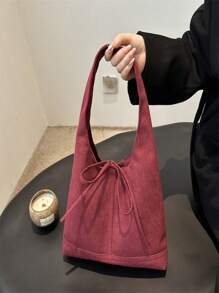 1PC Vintage Suede Casual Shoulder Handbag, Letter Embossed Bow Decoration Drawstring, Large Capacity - Black - View 12