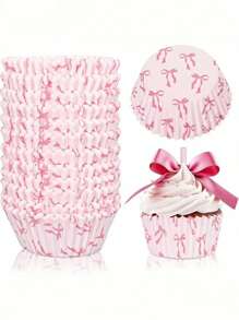 50/100pcs Pink Bow Cupcake Liners, Baking Muffin Paper Cups, Pink Theme Party Cake Baking Cups, Mother's Day Cake Cups, Valentine's Day Cake Cups, Japanese Mochi Paper Cups - Pink - View 1