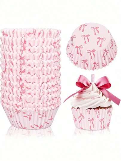 50/100pcs Pink Bow Cupcake Liners, Baking Muffin Paper Cups, Pink Theme Party Cake Baking Cups, Mother's Day Cake Cups, Valentine's Day Cake Cups, Japanese Mochi Paper Cups