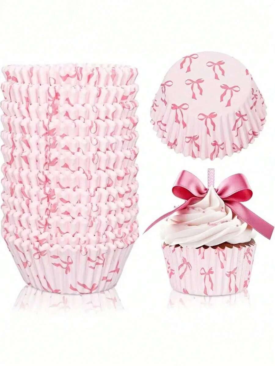 50/100pcs Pink Bow Cupcake Liners, Baking Muffin Paper Cups, Pink Theme Party Cake Baking Cups, Mother's Day Cake Cups, Valentine's Day Cake Cups, Japanese Mochi Paper Cups - Pink - View 1