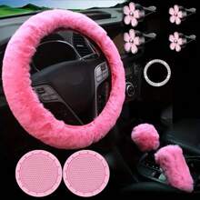 10 件装毛绒 15 英寸方向盘套套装，柔软毛绒汽车配件套装，包括手刹套、换档套、杯架杯垫和通风口夹 - 均碼 - 查看 13