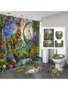 1/4pcs Dinosaur World Bathroom Set, Includes Shower Curtain With 12 Hooks, Anti-Slip Bathroom Rug, Toilet U-Shape Mat, Toilet Lid Cover, Bathroom Decor, Bathroom Curtain Set, Bathroom Accessories, Suitable For All Holidays