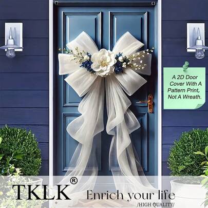 TKLK 2D 平面门横幅，1 件优雅白色花卉蝴蝶结薄纱丝带欢迎横幅 - 涤纶，35.43x70.86 英寸，多功能室内/室外门罩，适用于派对和家居装饰，无需电源