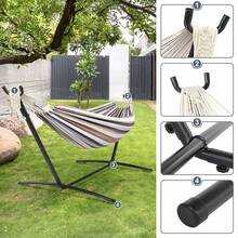 GCCSJ Double Hammock With Steel Stand,Double Hammock With 9FT Steel Stand - 450 LBS Heavy-Duty Weather-Resistant Hammock For 2 Adults, Portable Backyard Camping Hammock With Carry Case & Easy Setup, Striped Outdoor Hammock For Patio, Deck & Travel (2-Person Size) - Beige - View 3