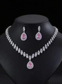 1 套 3 件女士时尚经典锆石水滴项链和耳环套装，适合晚会和日常佩戴