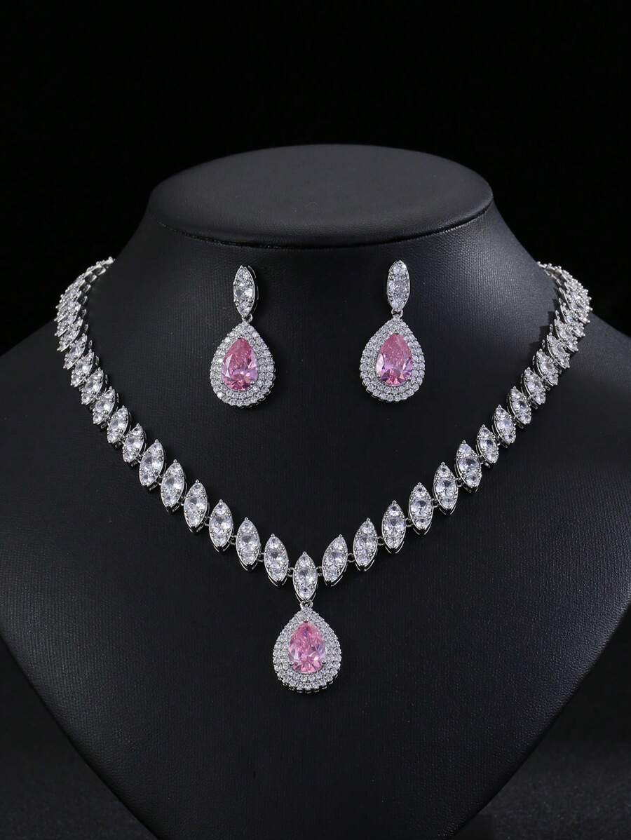 1 套 3 件女士时尚经典锆石水滴项链和耳环套装，适合晚会和日常佩戴