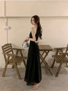 小众设计梨形身材黑色细肩带吊带裙，娇小女性的新款夏装 - 黑色 - 查看 3