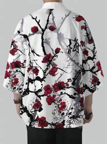 Kimono de hombre con estampado de flor de ciruelo, protección solar, poliéster, estilo informal de verano - Blanco - Ver 2
