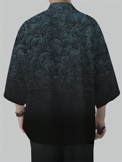 Áo kiểu kimono nam màu xanh ô liu họa tiết hoa, áo khoác nhẹ dáng rộng thoải mái đi biển, chất liệu polyester.