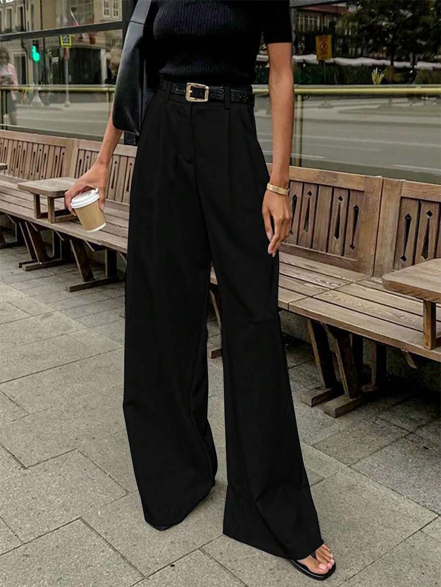 Pantaloni da tuta gamba ampia in tinta unita (senza cintura), casual e versatili - nero - Visualizzare 1