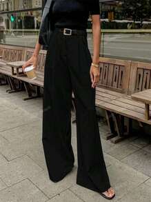 Simple Solid Color Wide Leg Suit Pants (Without Belt), Casual & Versatile