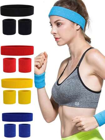 Sports Headband And Wristbands Set, Sweat-Absorbent For Basketball, Football, Running, Dance, Fitness, Yoga