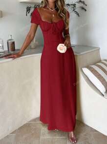 PoPoHouse Women's Solid-Color Bohemian Vacation-Style Dress With A Low-Cut Off-The-Shoulder Neckline And Back Tie Detailing.