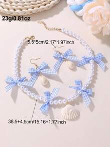 3pcs/Set Girls' Bow, Strawberry, Shell, Pearl Beaded Necklace & Earrings Jewelry Set - Multicolor - View 8