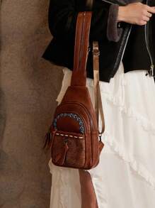 1pc Embossed Retro Design PU Women Chest Bag, Can Be Used As Shoulder Bag Or Backpack - Chocolate Brown - View 2