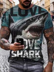 1 件男士运动短袖户外休闲度假圆领针织 T 恤，3D 鲨鱼数码印花，夏季街头跑步训练套头衫 - 彩色 - 查看 7