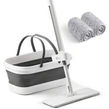 Oshang Flat Mop And Collapsible Bucket OG7 With Wheels, 2 Washable Reusable Microfiber Pads, Pure White - Ivory White - View 10
