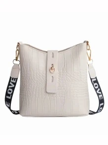 Fashion Black Crocodile Embossed Bucket Bag With LOVE Letter Strap, Women's Shoulder & Crossbody Bag - White - View 1