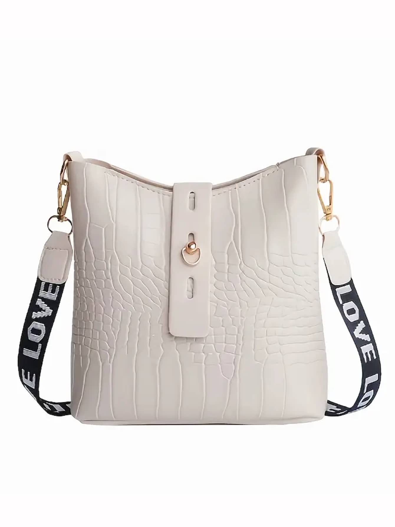 Fashion Black Crocodile Embossed Bucket Bag With LOVE Letter Strap, Women's Shoulder & Crossbody Bag - White - View 1