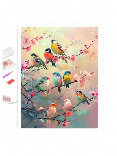 5D Diamond Painting Kit, Bird Theme Full Diamond Art Set, Round Diamond DIY Crafts, Canvas Materials, Frameless Home Decor Gifts,