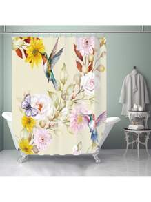1 Pc/4 Pcs Hummingbird, Butterfly & Floral Pattern Multi-Functional Waterproof Bathroom Shower Curtain With 12 Hooks, Non-Slip Bath Mat, U-Shaped Toilet Mat & Round Toilet Lid Cover, Bathroom Set For Full Scene Use Back To School