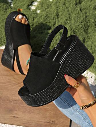 Women's Fashion 9cm Thick Sole Sandals, Summer Casual Black High Heel Sandals, Elegant Lightweight Breathable Versatile Sandals