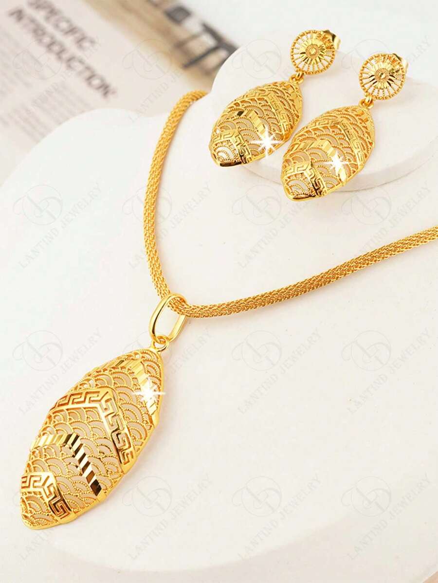 24K 镀金迪拜风格 2 件女士首饰套装，优雅花卉图案项链和耳环，适合新娘 - 金色 - 查看 1