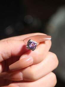 1 Pair 925 Sterling Silver Purple Zirconia Stone Square Stud Earrings, Elegant Luxurious Amethyst Crystal Earrings, Sophisticated Daily Wear For Women - Purple - View 4