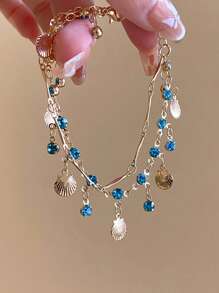 1pc Shell & Zirconia Tassel Double-Layer Bracelet, Copper Material Bohemian Ocean Style Pendant Bracelet, Suitable For Women Beach Holiday & Daily Wear - Multicolor - View 5