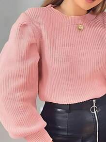 Women's Winter Cold Weather Puff Sleeve Princess Long Pleated Knit Sweater Top - Pink Love - View 2
