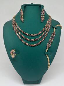4 pièces / set de bijoux de fête tendance, collier multicouche, pierre de zirconium colorée incrusté de cuivre, ensemble de bijoux élégant pour femmes, convient au Moyen-Orient, en Europe et en Amérique