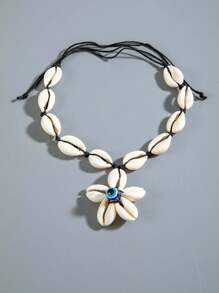 1pc Fashionable Versatile Bohemian Style Woven Flower, Evil Eye & Seashell Pendant Necklace, Suitable For Beach, Party, Gift - Multicolor - View 10