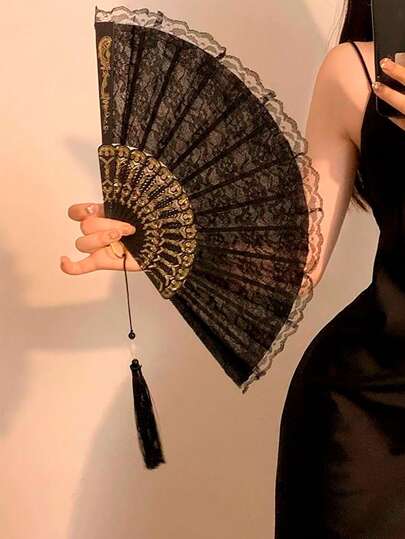 1pc Vintage Black Lace Folding Fan, Lace Edged Fan, Orchid Flower Dance Performance & Photography Prop, Fan For Hanfu/Cheongsam, Retro Chinese Style Folding Fan With Tassel Valentine's Day