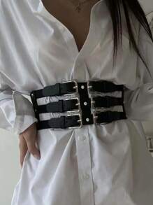 1 Pc Women's Sexy Lingerie Accessory - Versatile Black PU Leather Waist Binding Belt With Multi-Layered Wrapped Tightening Straps, Adjustable Size, Suitable For Everyday Wear - Black - View 5