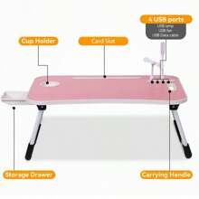 Foldable Laptop Bed Desk With USB Charging Ports, Pad & Cup Holder, Drawer For Eating, Reading And Working -Free Mini USB Lamp & Fan - Pink - View 5