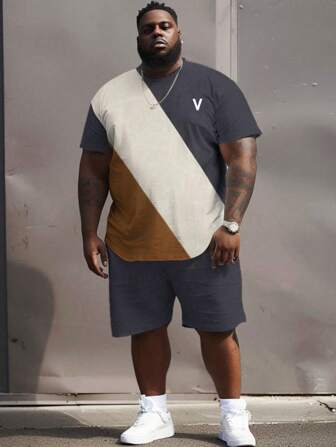 Plus Size Street Casual Asymmetric Color-Block Printed Large Men's Set