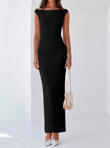 Women Elegant One Shoulder Mesh Maxi Dress Maxi Dress Summer Sleeveless Ruched Slit Back Bodycon Dress Formal Cocktail Wedding Guest Night Out Evening Valentine's Day Long Maxi Dress - màu đen - Xem 4