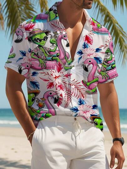 Camisa de hombre impresa con círculo de natación de flamenco de vacaciones alienígenas 3D de verano