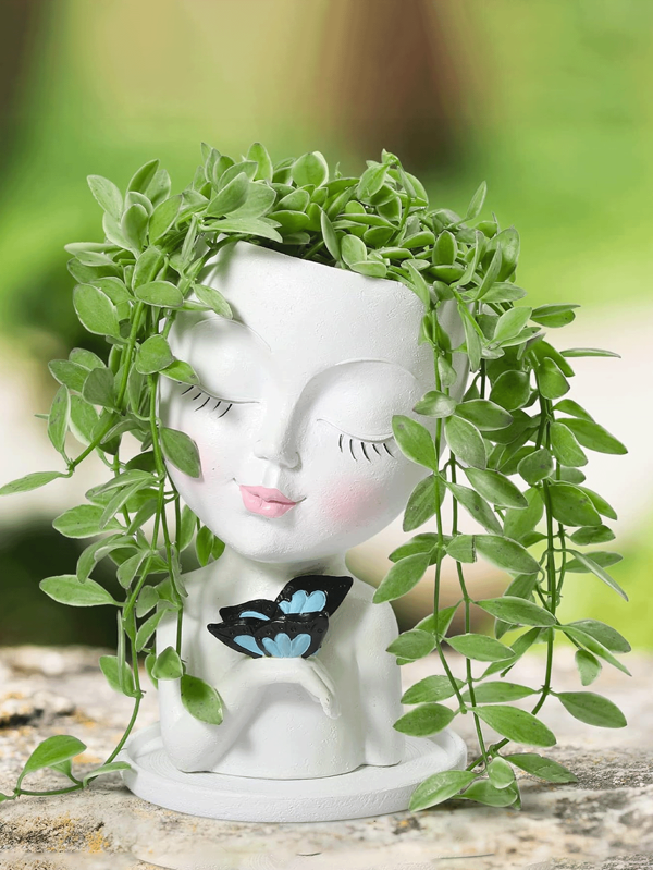 1pc Face Flower Pot/Flower Pot For Indoor Outdoor Plant Resin Succulent Plant Pot With Drainage Hole Cute Ladies Face Flower Pot