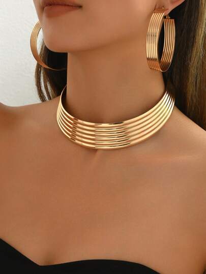 3pcs Set Fashion Geometric Metal Style Gold Exaggerated Choker & Earrings Suit