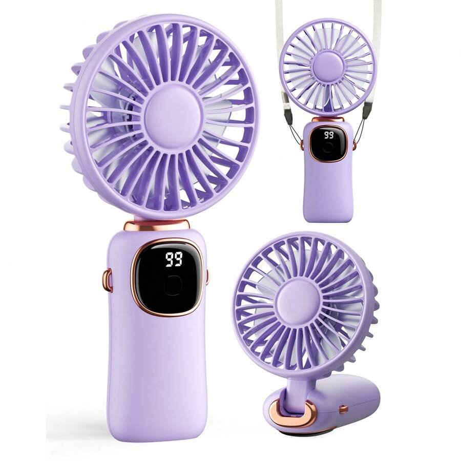 ColdSky Portable Handheld Fans, 4000mAh Battery Operated Fan With LED Display, Handheld/Neck/Desk 3 In 1 Personal Mini Fan, 90° Foldable Desk Fan With Base, 5 Speeds Lash Fan Makeup Fan For Women - Purple - View 1