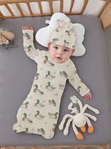 2 Pack Baby Boy Girl Gown Sleeper Newborn Knotted Nightgown And Hat Set Infant Sleepwear - Coffee Brown - View 3