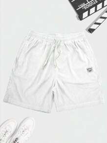 Men's Casual Print Label Drawstring Shorts - White - View 4