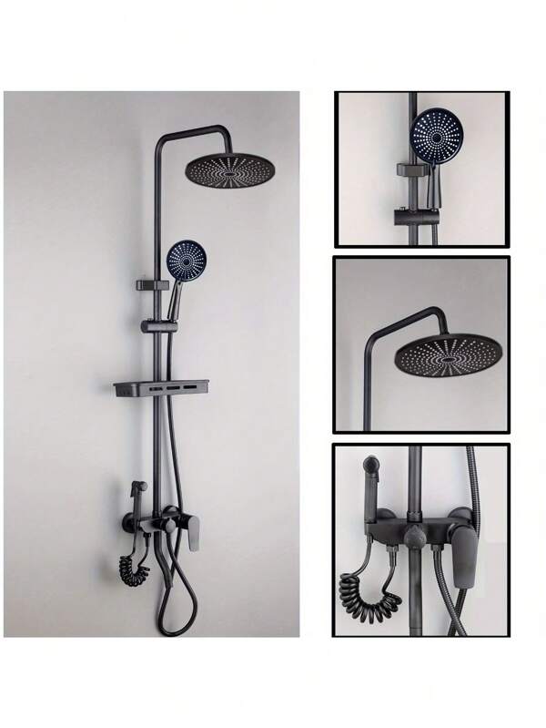 Accesorios de baño, Yahei Juego completo de cabezales de ducha expuestos para el hogar, baño minimalista de cuatro niveles, cabezal de ducha y juego de ducha, Body todo de latón, material ABS con rociador presurizado grande y rociador superior, combinado con estante de almacenamiento de ducha