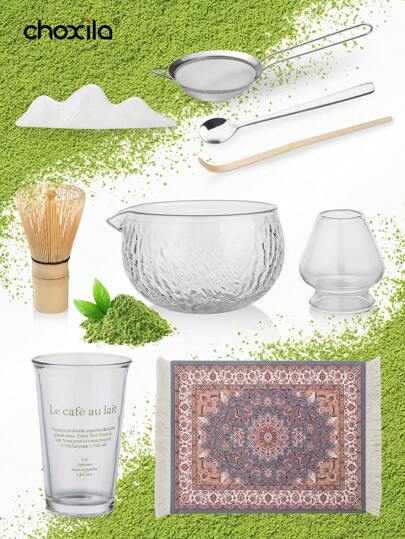 choxila Matcha Whisk Set, Matcha Tea Set, Traditional Tea Accessories, Bamboo Matcha Whisk & Scoop, Glass Matcha Bowl With Spout & Whisk Holder, Stainless Steel Sifter, Ceramic Scoop Holder, Tea Mat, Matcha Whisk Kits For Making Usucha, Koicha And Matcha Latte Back To School